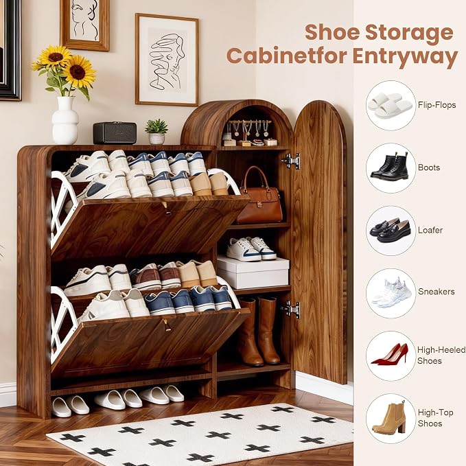Arched Cabinet with Doors-Shoe Cabinet,Hidden Shoe Rack,Shoe Stand for Entryway Compact Shoe Storage in Walnut Finishes,Mid-Century Style for Entryway