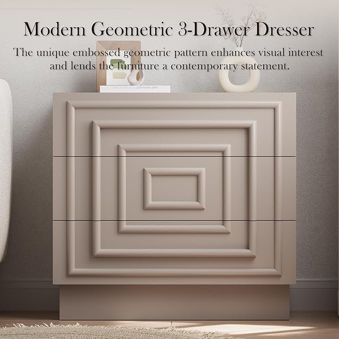 Aoikax Modern 3-Drawer Dresser, Sculptural Mid-Century Drawer of Chest with Geometric Square Pattern, Contemporary Accent Dresser for Bedroom, Living Room, Taupe Color