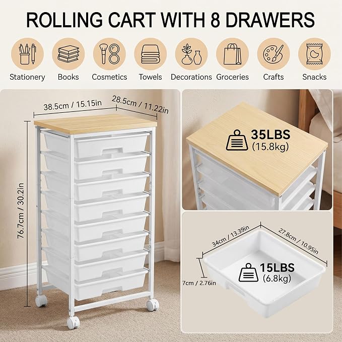Rolling Cart with 8 Drawers, Rolling Storage Cart with Wooden Tabletop and Lockable Wheels, Craft Storage Cart for Living Room, Office, Classroom, Craft Room, Bedroom, Craft Organization and Storage