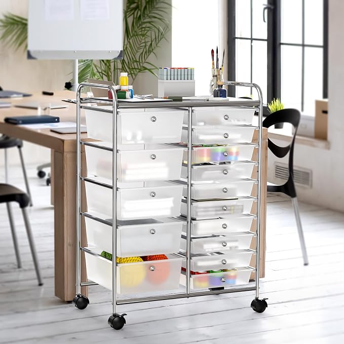 Simple Houseware 15 Drawers Rolling Utility Cart Art Craft Storage, Chrome | 2-Column, 35.8" Height, Lockable Wheels, for School, Office, Art Craft, and Paper Storage