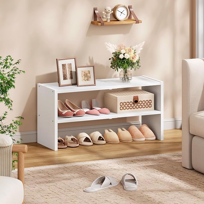 Hoctieon 2 Pack Expandable Shoe Shelf, 2-Tier Adjustable Shoe Shelf Storage Organizer, Stackable Iron Wood Combination Free Standing Shoe Rack for Entryway, Closet, Doorway, White