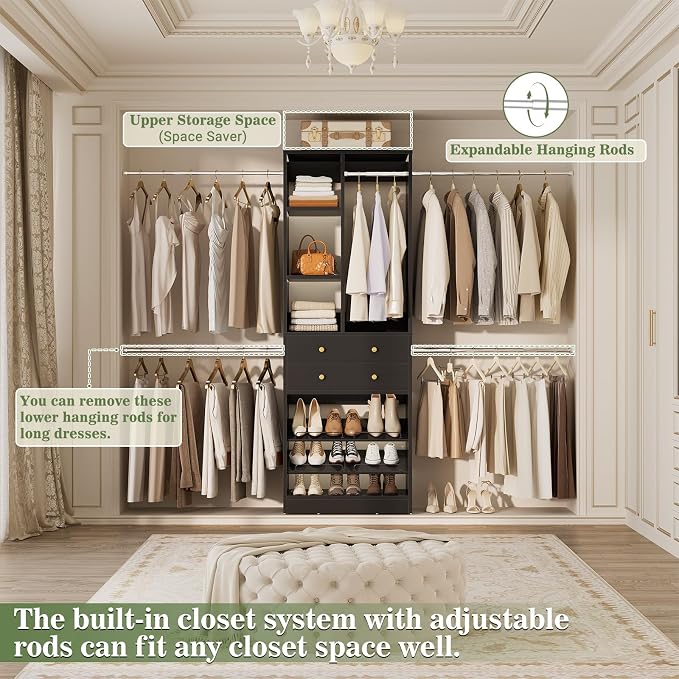 Besiost Closet System, 4.2–8.8 FT Closet Organizer with 2 Wooden Drawers and Shelves, Walk-in Closet System with 5 Hang Rods, Built-in Closet Tower, Can Fit 60 to 96 inch, Black