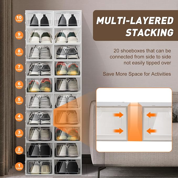 Yykniey 20 Pack Shoe Storage Boxes, Clear Plastic Stackable Shoe Organizer for Closet, Foldable Shoe Container with Heart Vent, Space Saving for Under Bed Entryway, Fits Shoes up to Size 10