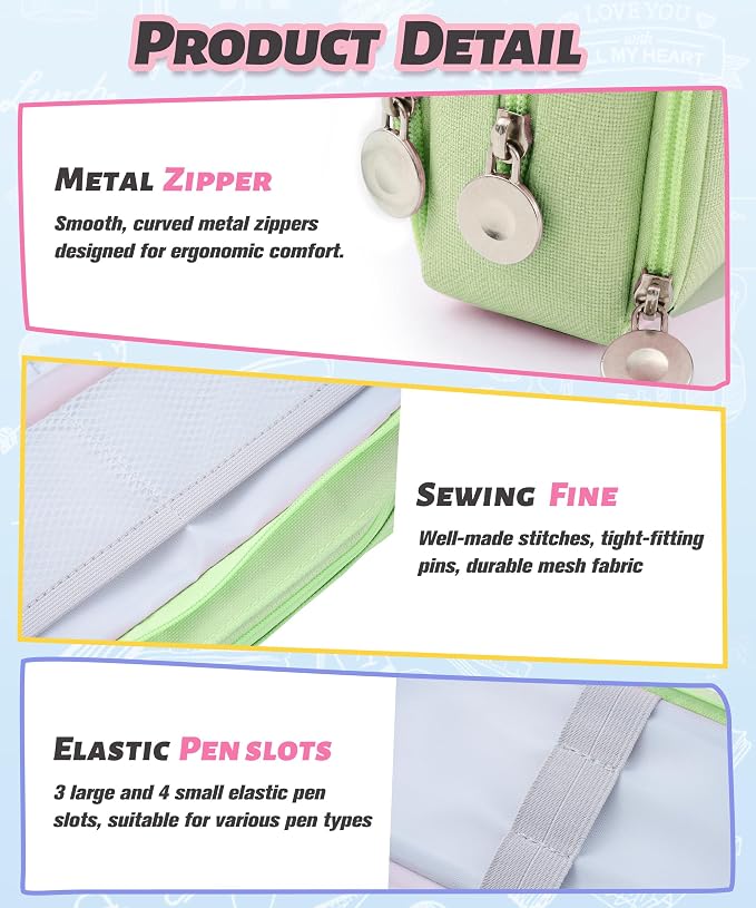 FAHZON Cute Pencil Case, 3 Large Compartments Pencil Pouch, Elastic Pen Slots&Mesh Pockets for Stationery, Pencil Bag for School Supplies with Zipper for Girls Boy Women Teens Adults-Green