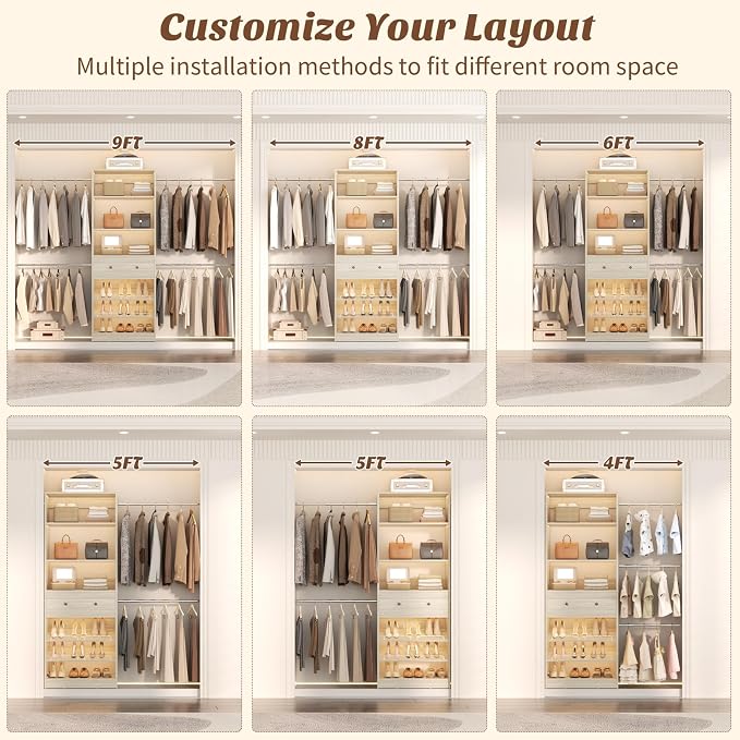Armocity Wood Closet Organizer System - 4FT-9FT Expandable Wardrobe Closet with Drawer & 4 Hanging Rods, Heavy Duty Walk-in Closet 1000Lbs for Bedroom Walk-in Closet, White Oak