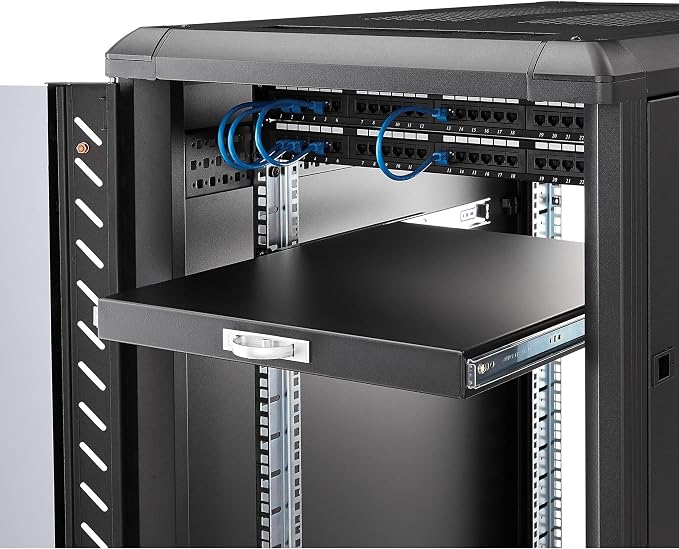 StarTech 1U Sliding Keyboard Rack Shelf, 19in, 55lb, 22in (SLIDESHELFD) | Pull-out drawer tray for any 19in server rack, Inverts to 1U drawer, Ideal for keyboard tools peripherals