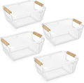 Ziliny 4 Pcs Metal Wire Basket with Wooden Handles Mesh Steel Storage Organizer Bin Containers for Home Organizing Cabinet Pantry Closet Kitchen Fridge Fruit Makeup Snacks Gifts(Small,Cream White)