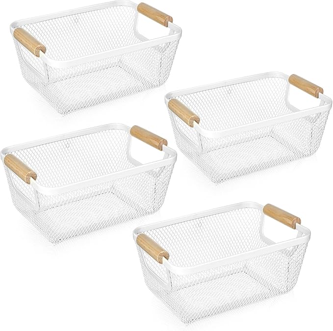 Ziliny 4 Pcs Metal Wire Basket with Wooden Handles Mesh Steel Storage Organizer Bin Containers for Home Organizing Cabinet Pantry Closet Kitchen Fridge Fruit Makeup Snacks Gifts(Small,Cream White)