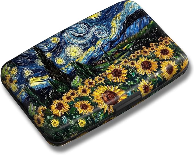 Maicican Credit Card Holder, Mini RFID Blocking Aluminum Wallet | Slim Metal Hard Case Travel Wallet ID Case for Women and Men, 4.3 x 2.9 Inches, Starry Sky Sunflowers
