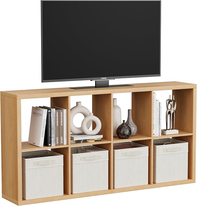 8 Cube Storage Organizer, Cube Shelf with Heavy-Duty Thick Boards, 25.12" L x 9.37" W x 48.74" H, Smooth Easy-Clean Panels, Simple Assembly, for Living Room Bedroom Office, Natural-Oak