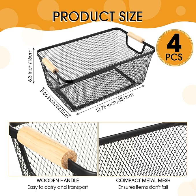 Ziliny 4 Pcs Metal Mesh Wire Baskets with Wooden Handles for Organizing, Pantry Organizers and Storage Steel Bin Kitchen Baskets for Fruit Potato Onion Snacks Bathroom Cabinet(Large,Black)