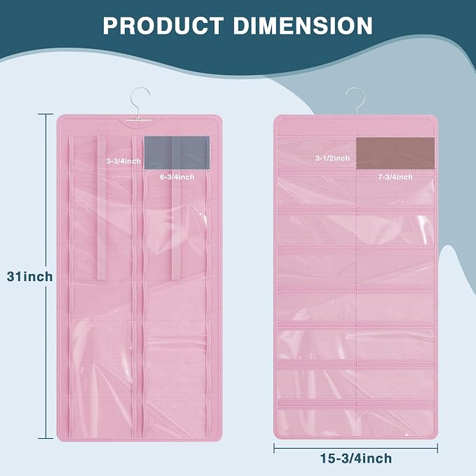 Hanging Sunglasses Organizer and Storage, 32 Slots Jewelry Holder, Pink | Protect eyewear from dust with double-sided clear compartments; roof design hangs on wall, door or closet for home/RV travel.