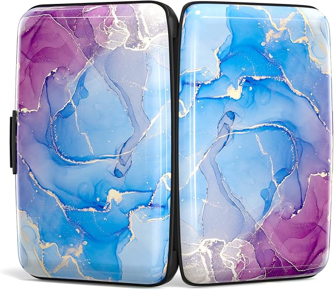 Credit Card Holder, Mini Aluminum Card Wallet RFID Blocking Slim Metal Hard Card Case for Women Men, Blue Purple Marble