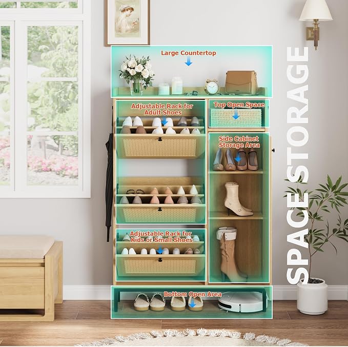Garvee Shoe Cabinet with 3 Flip Drawers, Freestanding Shoe Organizer with 4-Tier Shoe Storage Cabinet and Adjustable Shelf & Rattan Doors,Narrow Shoe Rack Cabinet for Entryway, Closet, Hallway