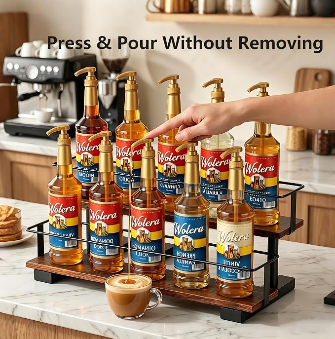 2-Tier Coffee Syrup Rack with Iron Frame, Holds 10 Bottles | Step shelf for coffee bar, liquor bottle display, holds jars, wine, tea canisters, vintage decor.
