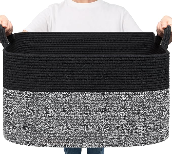 Goodpick Large Woven Blanket Basket 21.6" x 14.9" x 11.8" Storage Baskets for Organizing, Rectangle Baby Toy Bins for Kids Organizer Living Room Bedroom, Black & Gray