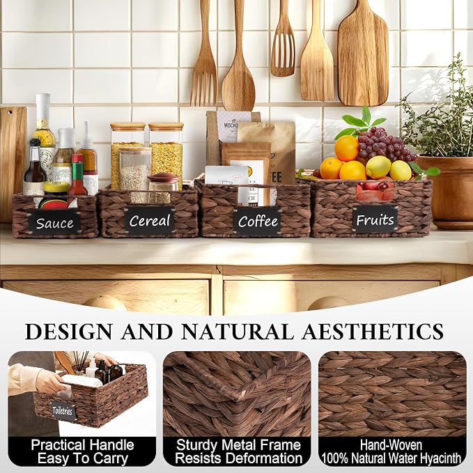 Set of 4 Sizes Hand-Woven Pantry Shelf Baskets, Hyacinth Storage Baskets with Chalkboard Labels & 2 Chalk Markers, Wicker Nestable Basket Set for Organizing Pantry Kitchen Laundry Shelves (Brown)