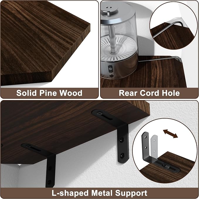 Alsonerbay Pine Wood Corner Shelves with Cord Hole 3-Pack, Carbonized Black | Diamond-shaped, cable management, 40 lbs/shelf, 0.79" thick pine, L-shaped metal brackets, for router & media devices