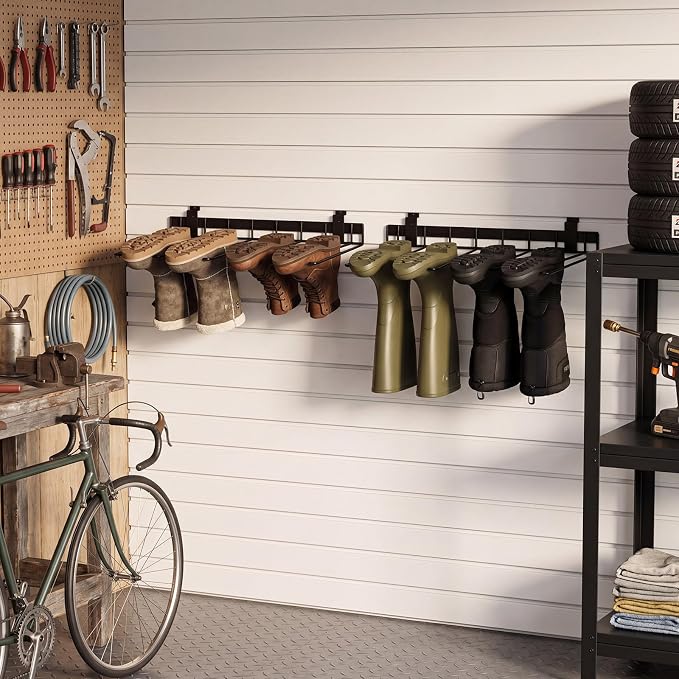 Hicarer 2 Pack Slatwall Boot Rack, Metal Wire Wall Mounted Wader Shoe Hangers - No Drilling, 4 Pair Shoe Holder Organizer for Drying Storing Tall Boots and Cowboy Boot for Entryway, Garage