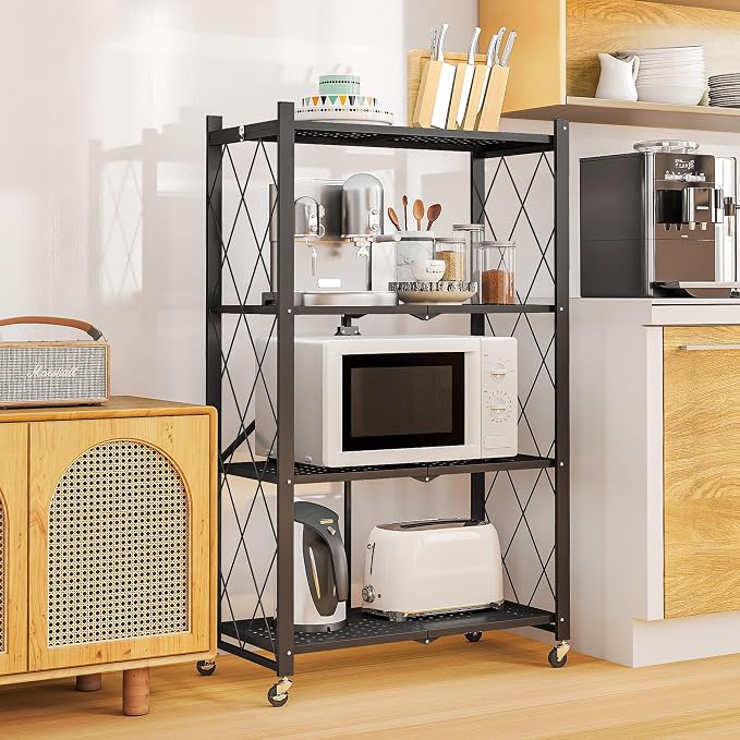 4-Tier Folding Metal Storage Rack - 50" Heavy-Duty Steel Frame with Wheels, No Assembly Utility Organizer, Rolling Shelving Unit for Kitchen, Garage, Pantry, Bedroom (Black, 4 Tier)