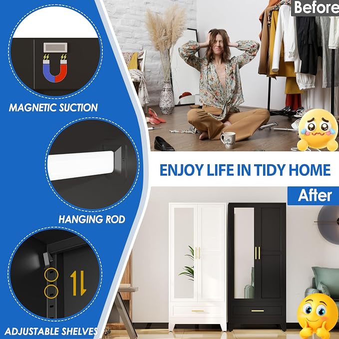 GAIOUS Steel Armoire Wardrobe Closet with Mirror Door and Drawer 71" Black | Household Wardrobe Cabinet with Hanging Rod, Metal Clothing Storage Cabinet with Adjustable Shelf for Bedroom, Cloak, Gym