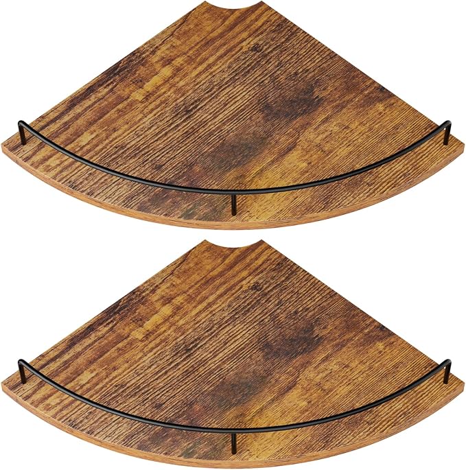 Corner Floating Shelves, Rustic Brown Wood, Set of 2, Wall Mount Storage with Guardrail for Bathroom Kitchen Living Room