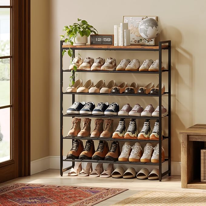 6 Tier Shoe Rack Organizer for 24-30 Pairs, Tall Metal Shoe Storage Shelf with Wood Top, Adjustable Boot Space, Narrow Design for Entryway Closet, Rustic Brown and Black