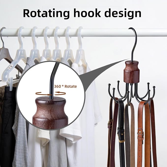 Multi-Purpose Swivel Hook, 8 Prong Design, Wood and Metal for Neckties, Belts, Bands, Bags, Keys Organization (1)