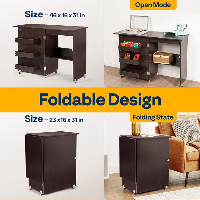 VIVOHOME Folding Sewing Table for Sewing Machine, Sewing Desk with Storage | Rolling Sewing Craft Table with Storage Shelves, Trays, Wheels, Sewing Cabinet with Lift for Small Spaces, Espresso