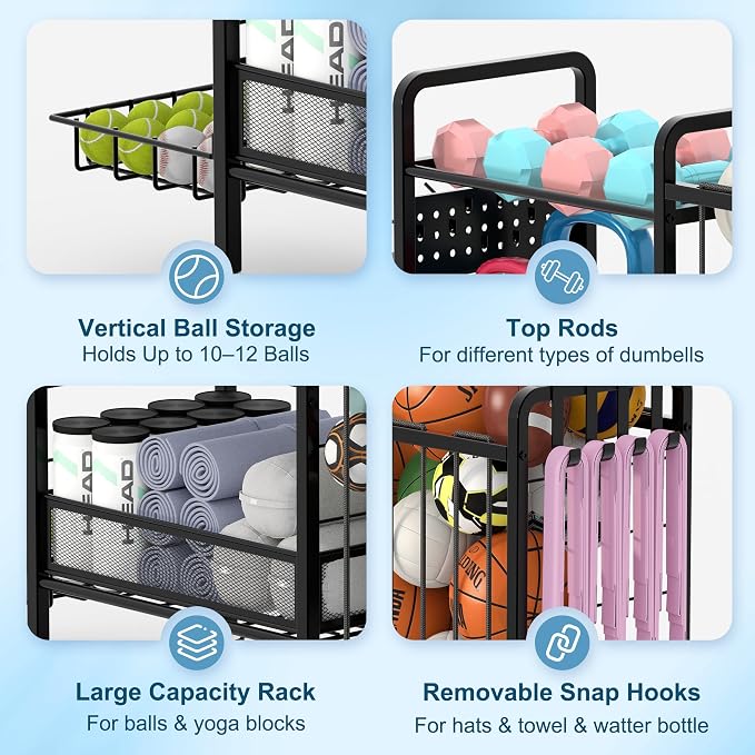 Sports Equipment Garage Organizer,Garage Ball Storage Rack for Sports with Wheels-Upgraded 3 Layers Organizer Rack Outdoor Basketball Racks for Balls with Holder and Hooks (Deep Black)