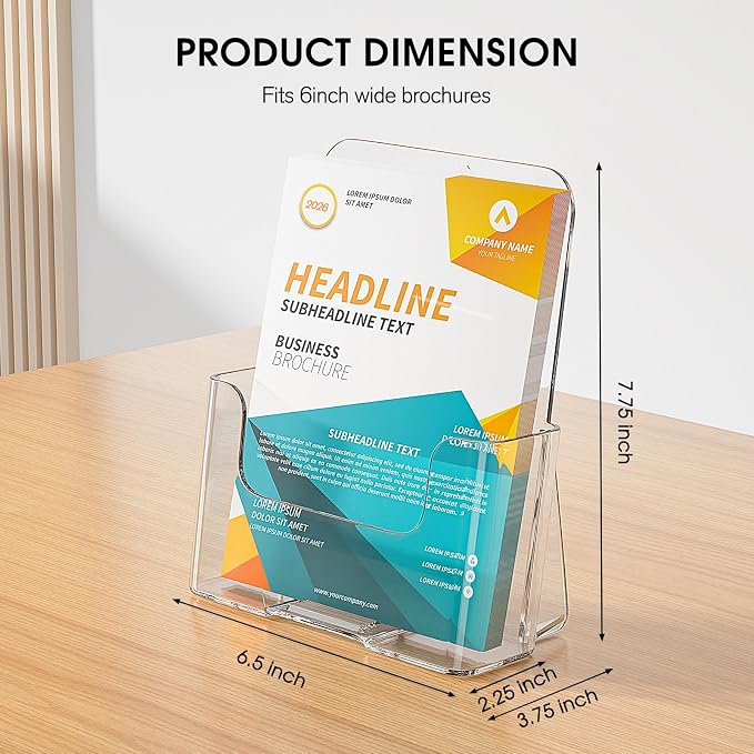 KTRIO Acrylic Brochure Holder 6 x 9, 2 Pack Bi-fold Flyer Display Stand | Desktop/Wall-Mount, Clear Plastic Stand Fits 6" Wide Magazines, Pamphlets, Booklets, Journals, Menus, Business Papers