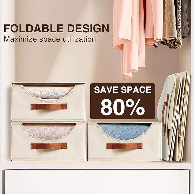 Homsorout Stackable Storage Drawers - Large Collapsible Storage Bins with Drawers, 4 Pack Closet Shelf Organizer Basket, Fabric Pull Out Organizer for Bedroom, Living Room, Dorm, Light Beige