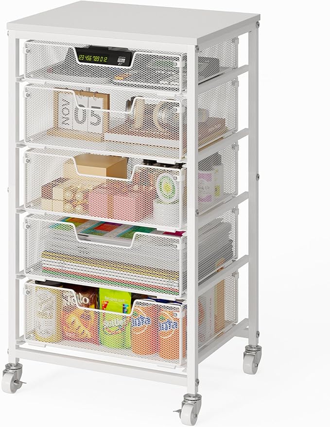 Sbanmao 5 Drawers Rolling Utility Cart, Storage Drawer Cart with Wooden Top, Rolling Storage Cart on Lockable Wheels, Metal Utility Cart & Craft Storage Cart for Bedroom, Classroom, Office, White