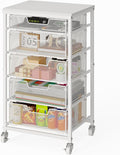 Sbanmao 5 Drawers Rolling Utility Cart, Storage Drawer Cart with Wooden Top, Rolling Storage Cart on Lockable Wheels, Metal Utility Cart & Craft Storage Cart for Bedroom, Classroom, Office, White