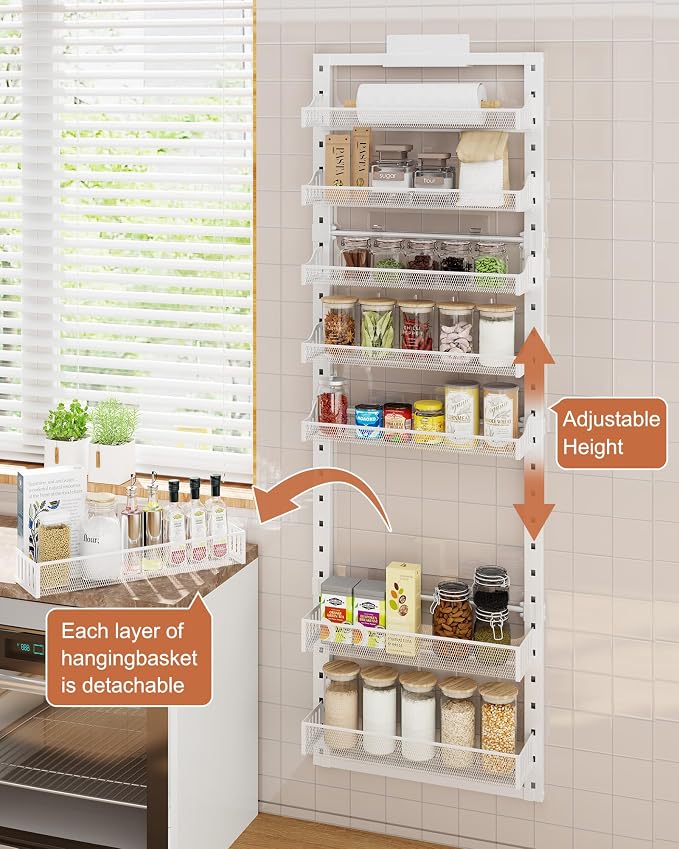 8 Tier Pantry Door Organizer, 2 IN 1 Over the Door Pantry Organizer with Metal Adjustable Baskets,Spice Rack Wall Mount or Door Organizer, Door Spice Rack for Pantry