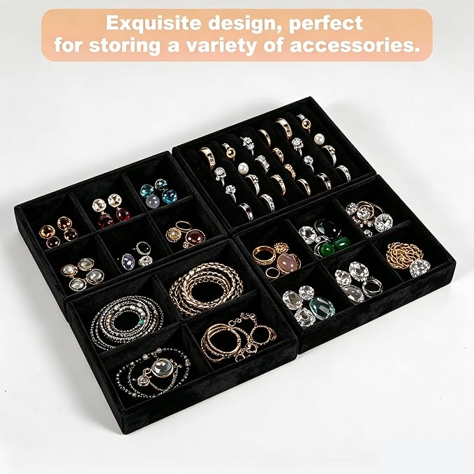 Small 8-Piece Velvet Jewelry Drawer Organizer Inserts Stackable Trays | 4.8in velvet trays with removable dividers, fits jewelry boxes & narrow drawers, stackable for earrings rings makeup storage