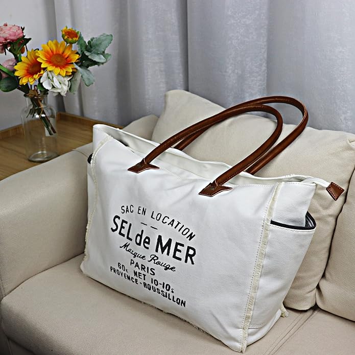 Lamyba Sel De Mer Canvas HandBag Upcycled Canvas Leather Tote Bag