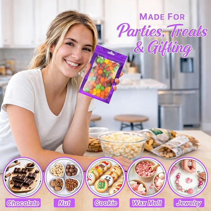 100 PCS Resealable Mylar Bags with Frosted Clear Window Bags Packaging Bag Foil Pouch Zipper Bag for Food Self Sealing Storage Supplies (7.08x10.24, Purple)