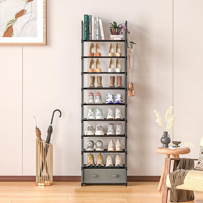OYREL Tall Shoe Rack Narrow 10 Tier Shoes Rack 20 25 Pairs + 2 Boxes 1 Hook | Shoe Storage Organizer for Closet, Entryway, Living Room,Sturdy Metal Shoe Shelf Shoe Stand Closet Organizers and Storage