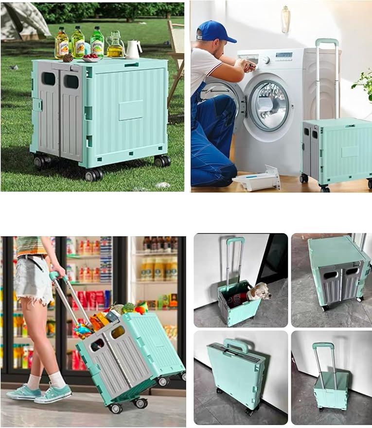 Foldable Utility Cart, Portable Rolling Crate Handcart with 360° Rotating Wheels, Detachable Lid, and Telescoping Handle, Collapsible Shopping Trolley for Travel, Office, Grocery, and Luggage Storage