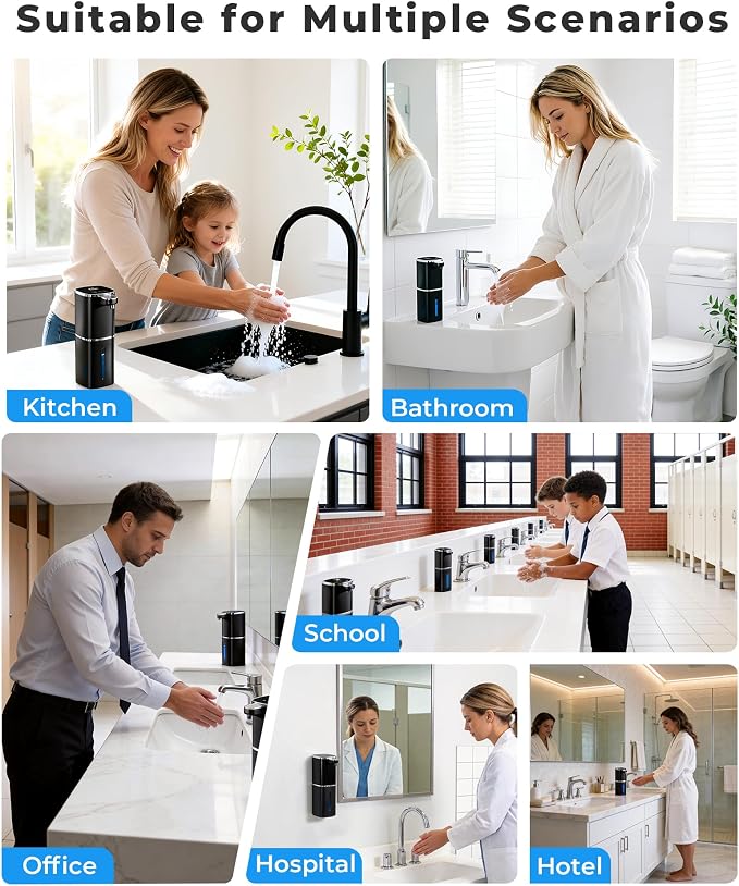Automatic Foaming Soap Dispenser Touchless, USB Rechargeable | Smart Hand Soap Dispenser, 9-Level Adjustable, 13.5oz/400mL,IPX5 Waterproof, Wall/Tabletop Kitchen Bathroom, Black
