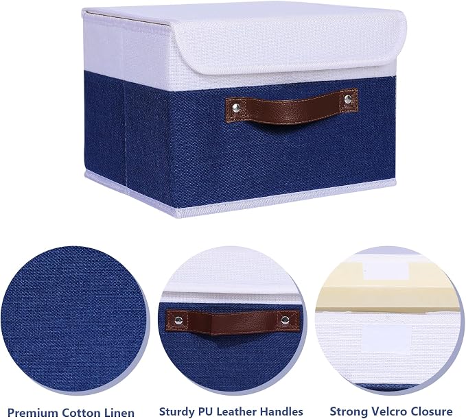 ANMINY Storage Boxes with Lids Washable Decorative Storage Bins Basket with PU Leather Handle Foldable Linen Fabric Storage Cubes Containers for Home Closet Organizer - Deep Blue White, Medium