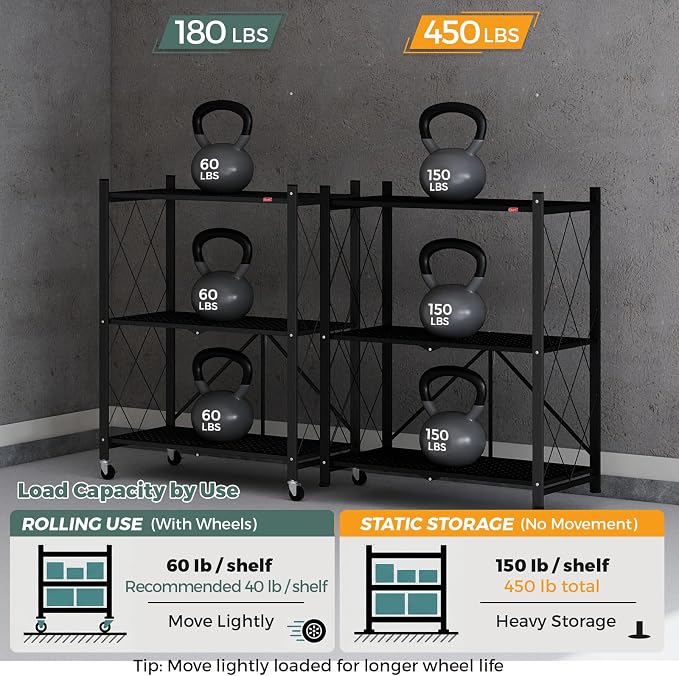 DEANIC 3 Tier Foldable Storage Shelves with Wheels, Kitchen Appliance Stand, Freestanding Metal Wire Shelf Rack, No Assembly Organizer Rolling Cart for Garage, Basement, Pantry (Black)
