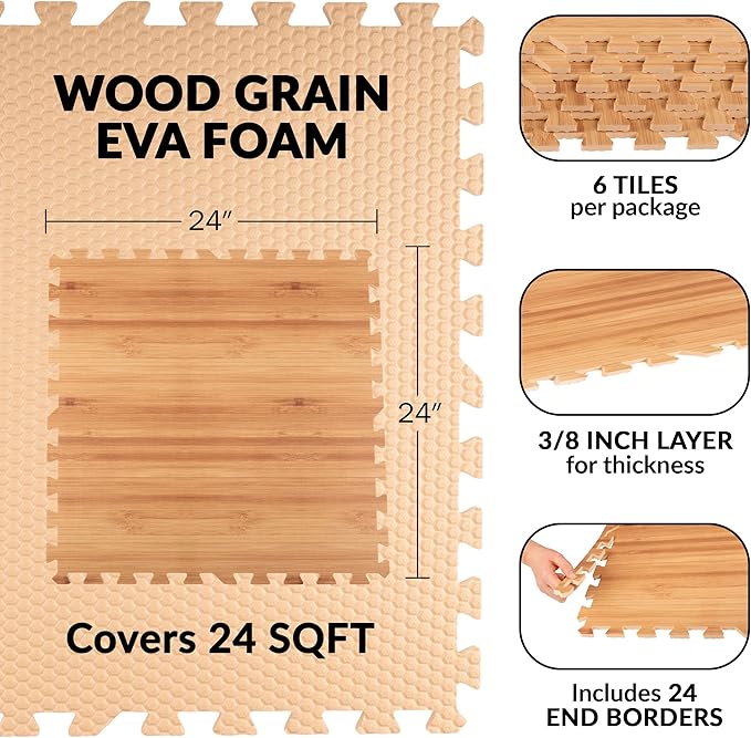 EVA Foam Floor Tiles 6-Pack - 24 SQFT Puzzle Mats for Floor - Interlocking Foam Tiles for Family Room or Gym Flooring by Stalwart (Light Woodgrain)