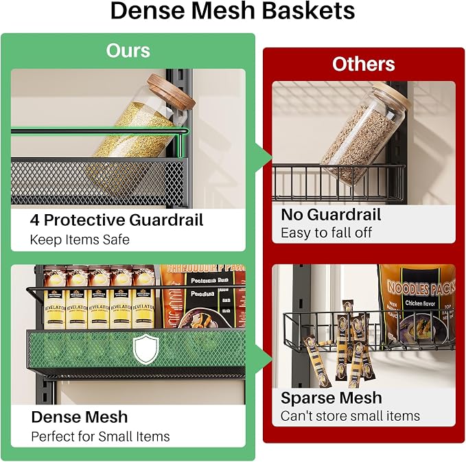 Over the Door Pantry Organizer - 8 Tiers Height Adjustable Pantry Organizers and Storage with Dense Mesh Baskets, Metal Door Hanging Spice Rack for Kitchen Bathroom (Black, 17.2" W x 6.2" D x 69.2" H)