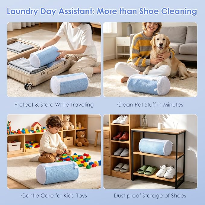2-Pack Shoe Washing Machine Bags for Sneakers & Delicate Shoes, Blue | 3X Fade-resistant Fabric and 20,000+ Dense Fibers Lift Dirt, Protect Shoes and Reduce Scrubbing, Washer / Dryer Safe
