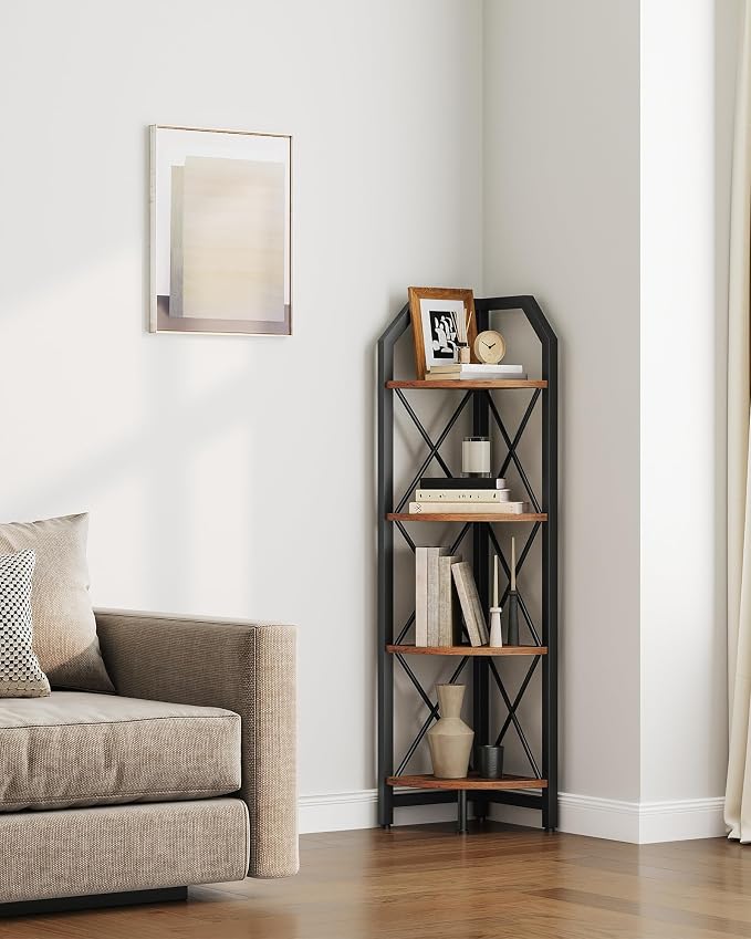 CHOEZON 47.6" Corner Shelf, 4-Tier Industrial Corner Bookshelf, Corner Storage Stand, Corner Bookcase for Bedroom, Living Room, Home Office, Rustic Brown and Black TCJ09BF