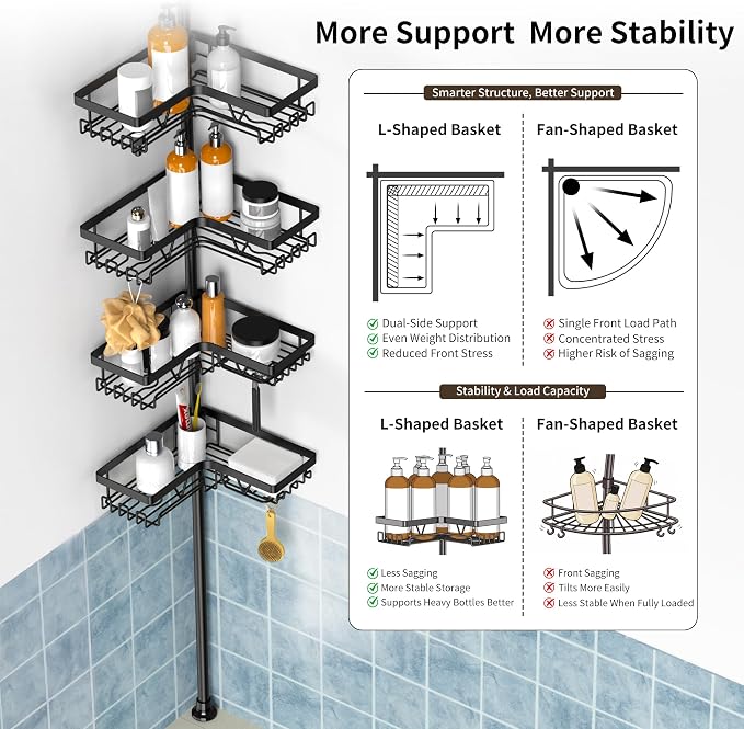 KEGII Corner Shower Caddy Tension Pole - Shower Tension Rod Organizer, Floor to Ceiling Shower Caddy 25-114.2 inch, Towel Rack Corner Waterproof, Black