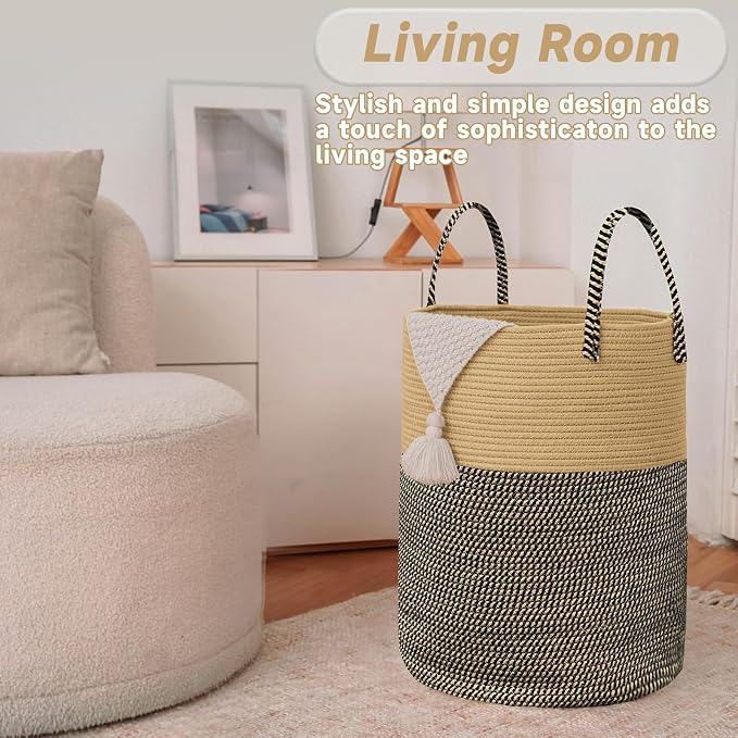 JMvicyroam Large Woven Laundry Basket Hamper,60L Cotton Rope Storage Bin for Blankets,Toys and Clothes,Decorative Tall Nursery Hamper for Living Room,Baby Nursery,Bathroom and Bedroom,Brown and Black