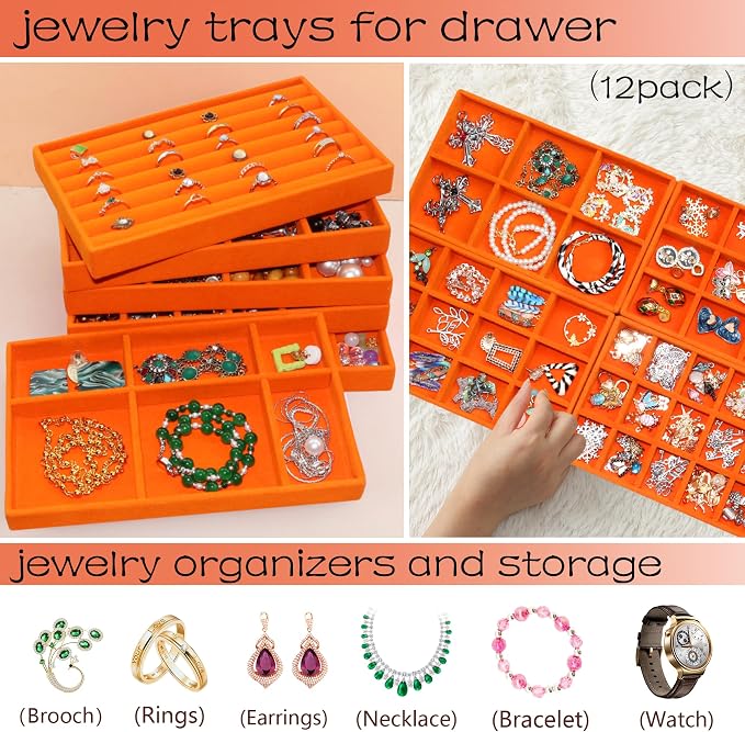 Jewelry Trays Organizer Stackable Velvet Earring Organizer Jewelry Tray for Drawers Ring Necklace Bracelet Storage Display Case, Set of 12